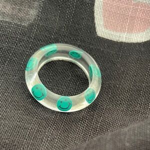 Clear Resin Ring with Teal Smiley Faces